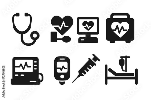 Heartbeat Device Icons. Solid, filled icon set of heartbeat medical devices: stethoscope, blood pressure cuff, heart monitor, defibrillator, ECG machine, pulse