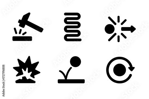 Physical Impulse Icons. Solid, filled icon set of physical impulse: hammer strike, spring, collision, motion arrow, explosion, impact crater, bouncing ball,