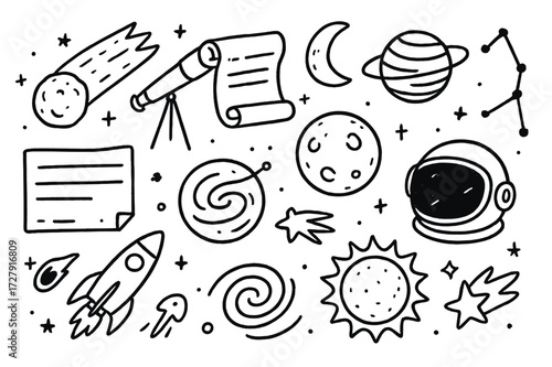 Historic Celestial Doodle. Hand-drawn doodle illustration Historic comet sighting comet, ancient telescope, scroll, moon, planet, orbit line, constellation,