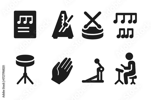 Drummer Practice Icons. Solid, filled icon set of drummer practice elements: drum exercises, timing practice, stick control, rudiments, drum patterns, hand