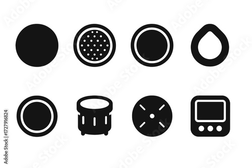 Practice Pad Icons. Solid, filled icon set of practice pad types: rubber practice pad, mesh practice pad, foam practice pad, silicone practice pad, muting pad,