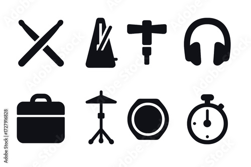 Drum Practice Icon Set. Solid, filled icon set of practice pad accessories: drumsticks, metronome, drum key, headphones, carrying case, stand, muffler, timer.
