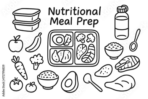 Nutritional Meal Prep Doodle. Hand-drawn doodle illustration Nutritional meal prep lunch box, meal containers, apple, banana, broccoli, carrot, tomato, chicken