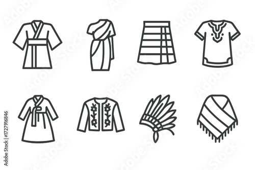 Traditional Attire Icons. Outline icon set of traditional clothing: kimono, sari, kilt, dashiki, hanbok, embroidered jacket, feather headdress, woven shawl.