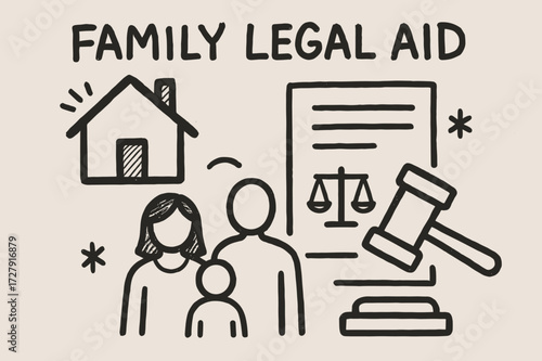 Family Legal Aid. Hand-drawn doodle illustration Family legal aid [house, parent-