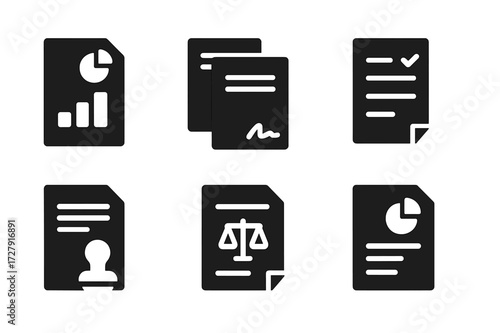 Financial Documents Icons. Solid, filled icon set of mutual fund documents: prospectus, contract, report folder, checklist, audit stamp, signature, legal