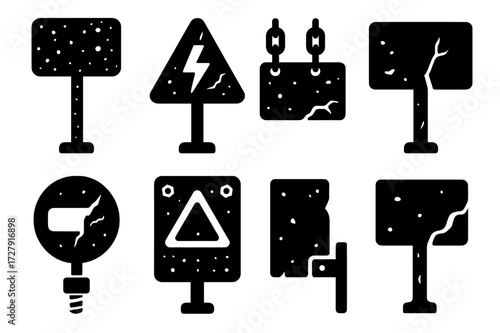 Neglected Sign Icons. Solid, filled icon set of neglected signs: rusty poles, peeling metal plates, hanging chains, broken fasteners, faded warnings, cracked