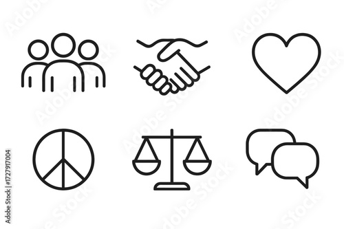 Mutual Respect Icons. Outline icon set of mutual respect: group of people, handshake, linked hands, heart, peace symbol, balance scale, speech bubbles, medal.
