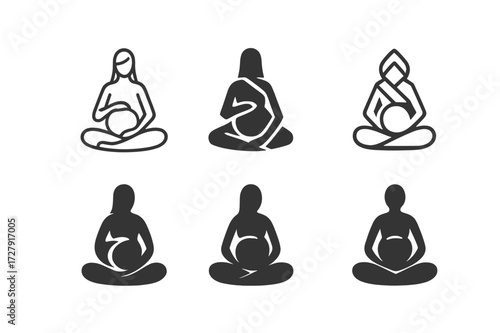 Prenatal Yoga Logos. Pregnancy workout. Set Logo of pregnancy workout: Prenatal yoga pose. harmonious logo variations of the same emblematic concept (Minimal
