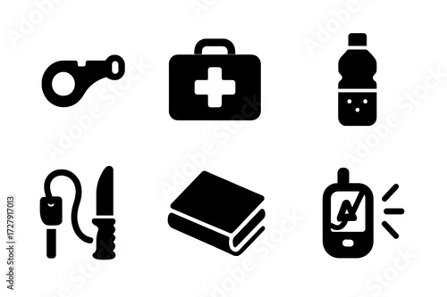 Trail Safety Essentials. Solid, filled icon set of trail safety and survival: emergency whistle, first aid kit, survival knife, water purifier, fire starter,