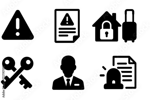 Eviction Icon Set. Solid, filled icon set of eviction warning: warning triangle, eviction letter, locked house, moving suitcase, crossed keys, landlord