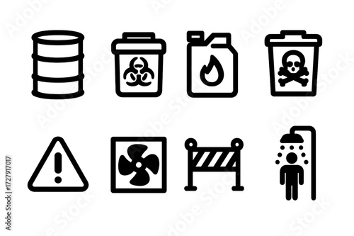 Hazardous Material Icons. Solid, filled icon set of hazardous material storage: chemical barrel, biohazard container, flammable liquid, toxic waste bin, safety