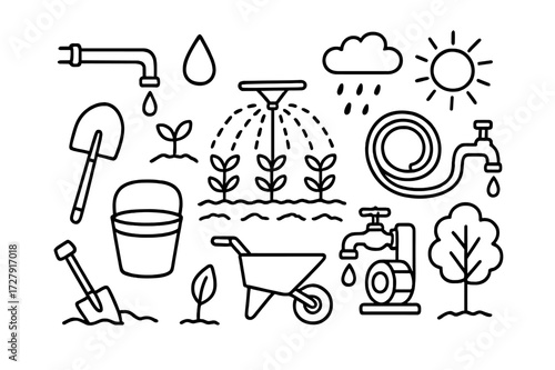 Agriculture Irrigation Doodle. Hand-drawn doodle illustration Irrigation system in agriculture [water pipe, sprinkler, water droplet, hose, pump, crop rows,