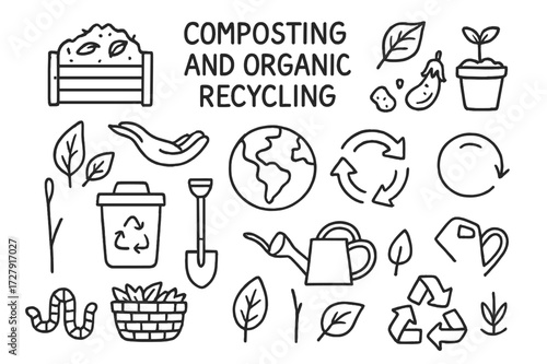 Composting Doodle Icons. Hand-drawn doodle illustration [Composting and organic recycling] [compost pile, leaves, vegetable scraps, plant, hand, globe, arrows