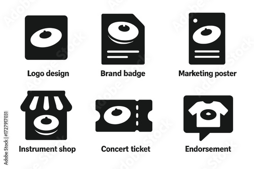 Ride Cymbal Icon Set. Solid, filled icon set of ride cymbal commercial and branding: logo design, promotional flyer, brand badge, marketing poster, instrument
