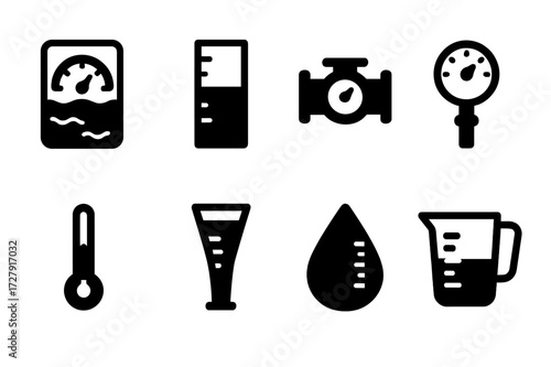 Water Measurement Icons. Solid, filled icon set of water measurement: water gauge, water level, flow meter, water pressure, thermometer, rain gauge, water drop