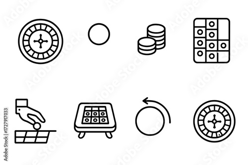 Roulette Icon Set. Outline icon set of roulette ball: roulette wheel, spinning ball, betting chips, number pockets, dealer hand, casino table, ball trajectory,