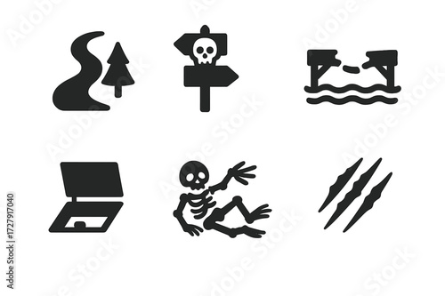 Cursed Forest Icons. Solid, filled icon set of cursed forest paths: winding trail, eerie signpost, hidden trapdoor, broken bridge, skeletal remains, claw