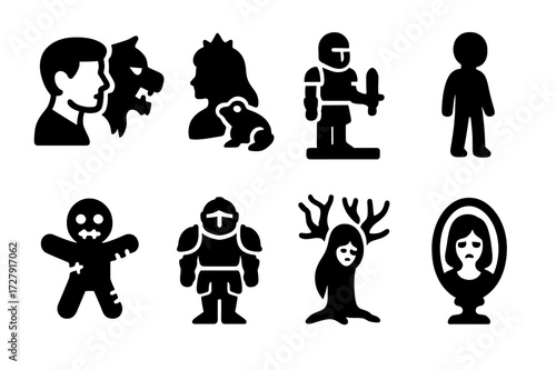 Cursed Transformations Icons. Solid, filled icon set of cursed transformations: man to beast, princess to frog, knight to statue, child to shadow, cursed doll,
