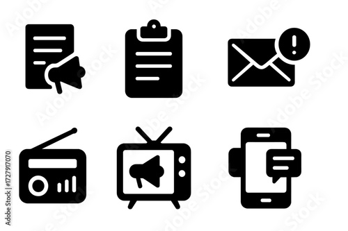 Communication Icon Set. Solid, filled icon set of announcement types: press release, public notice, email alert, social media post, radio broadcast, TV