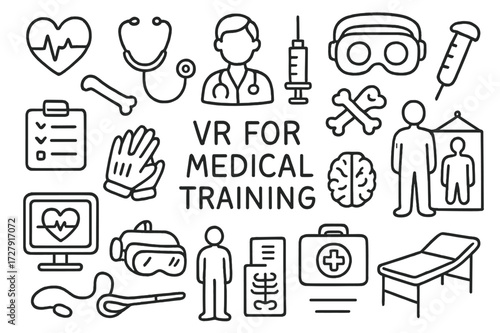 Medical VR Doodle. Hand-drawn doodle illustration [VR for medical training] [heart icon, stethoscope, doctor avatar, syringe, headset, brain model, bones,