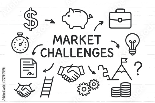 Market Challenges Doodle. Hand-drawn doodle illustration Market challenges chart, arrows, dollar sign, piggy bank, briefcase, stopwatch, contract, ladder,