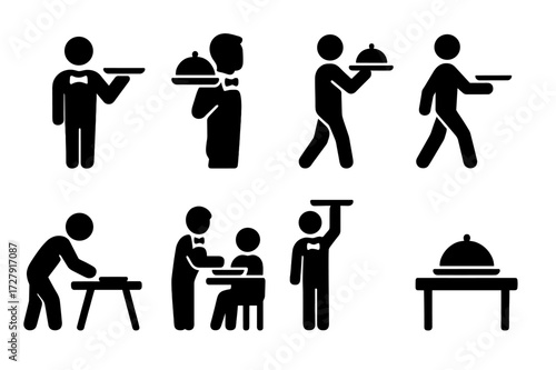 Waiter Tray Icon Set. Solid, filled icon set of waiter tray handling: tray on one hand, tray over shoulder, walking with tray, setting tray down, serving from