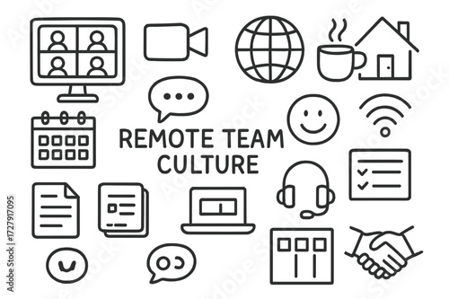 Remote Team Icons. Hand-drawn doodle illustration [Remote team culture] [computer, video camera, chat bubble, timezone globe, house, calendar, coffee cup,