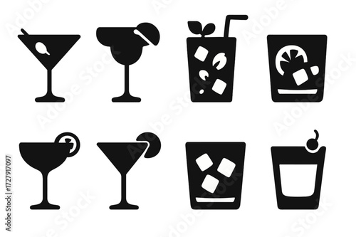 Classic Cocktail Icons. Solid, filled icon set of classic cocktails: martini, margarita, mojito, old fashioned, cosmopolitan, daiquiri, negroni, whiskey sour.