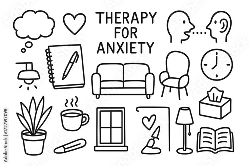 Therapy Doodle Essentials. Hand-drawn doodle illustration Therapy for anxiety [sofa, therapist chair, notebook, pen, clock, thought bubble, heart, talking