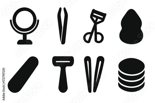 Beauty Tools Icons. Solid, filled icon set of beauty tools: mirror, tweezers, eyelash curler, makeup sponge, nail file, razor, hair clips, cotton pads. Solid,