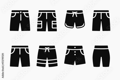 Shorts Icon Grid. Solid, filled icon set of shorts styles: denim shorts, cargo shorts, athletic shorts, Bermuda shorts, chino shorts, board shorts,