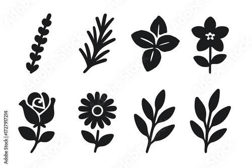 Herb Icon Grid. Solid, filled icon set of aroma herbs and flowers: lavender, rosemary, mint, jasmine, rose, chamomile, eucalyptus, sandalwood. Solid, filled