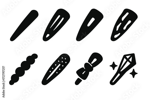 Hairpin Material Icons. Solid, filled icon set of hairpin materials: metal, plastic, wood, tortoiseshell, pearl, rhinestone, fabric, crystal. Solid, filled