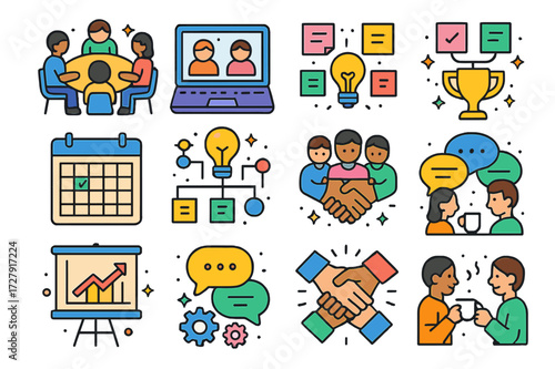 Collaborative Icons Set. Collaboration. Colorful isometric vector icons set of Collaboration: people around table, laptop screen sharing, brainstorming sticky
