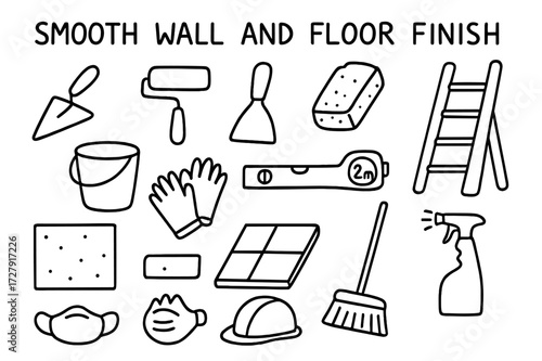 Construction Tools Doodle. Hand-drawn doodle illustration Smooth wall and floor finish [trowel, roller, scraper, sponge, bucket, gloves, level tool, measuring