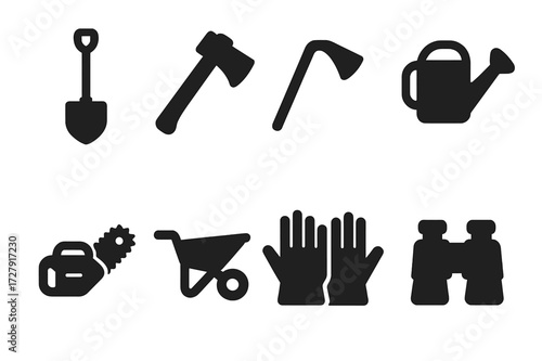 Landowner Tools Icons. Solid, filled icon set of landowner tools: shovel, axe, hoe, watering can, chainsaw, wheelbarrow, gloves, binoculars. Solid, filled