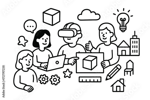 Collaborative VR Design Doodles. Hand-drawn doodle illustration collaborative VR design group of people, VR headset, cube, blueprint, ruler, pencil, gears,