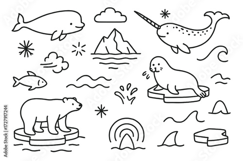 Arctic Marine Doodle. Hand-drawn doodle illustration [arctic whales and dolphins] [beluga, narwhal, iceberg, snowflake, icy water, polar bear, seal, water