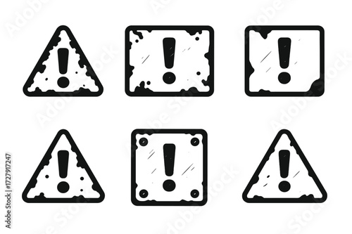 Rusted Warning Icons. Solid, filled icon set of rusted warning signs: rusty metal triangle, corroded frame, peeling paint, scratched surface, faded symbols,