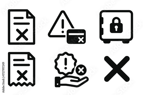 Credit Failure Icons. Solid, filled icon set of credit failure: rejected form, alert triangle, declined card, locked safe, unpaid invoice, warning badge,