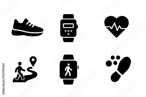 Walking Fitness Icons. Solid, filled icon set of walking pace and fitness: walking shoes, pedometer, heart rate, timer, walking path, smartwatch, health app,