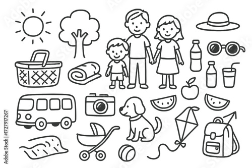 Family Picnic Essentials. Hand-drawn doodle illustration family excursion picnic basket, blanket, fruits, drinks, hat, sunglasses, bus, camera, dog, ball,