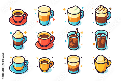 Colorful Coffee Icons. Coffee types. Colorful isometric vector icons set of Coffee types: espresso, cappuccino, latte, mocha, macchiato, americano, iced
