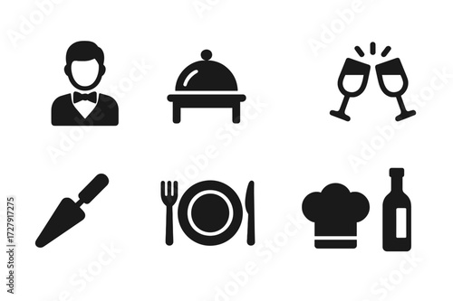 Celebration Food Icons. Solid, filled icon set of celebration food service: waiter, buffet table, serving tray, wine bottle, glass clink, cake server, dining