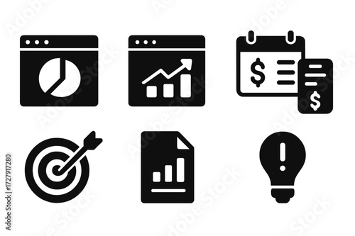 Black Online Banking Icons. Solid, filled icon set of online banking analytics: spending chart, income chart, budget planner, expense tracker, financial goal,