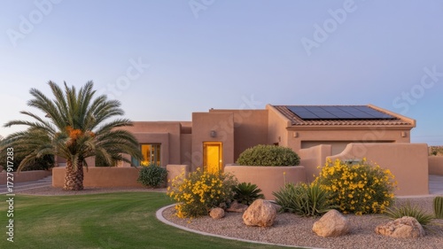 A southwestern style home with solar panels on the roof and a desert landscape in front of it at sunset in scottsdale, arizona