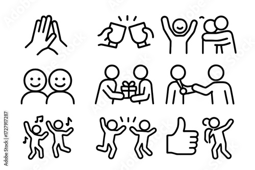 Achievement Celebration Icons. Celebrating achievements. Line icon set of celebrating achievements: high-five, clinking cups, cheering, raising hands, hugging,