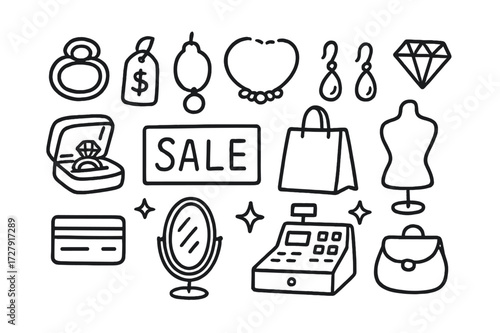Jewelry Shopping Icons. Hand-drawn doodle illustration Romantic outdoor screening couple watching, popcorn, soda, blanket, folding chair, projector, movie