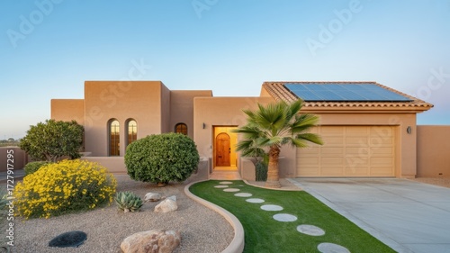 A southwestern style home with solar panels on the roof and a desert landscape in front of it at sunset in scottsdale, arizona